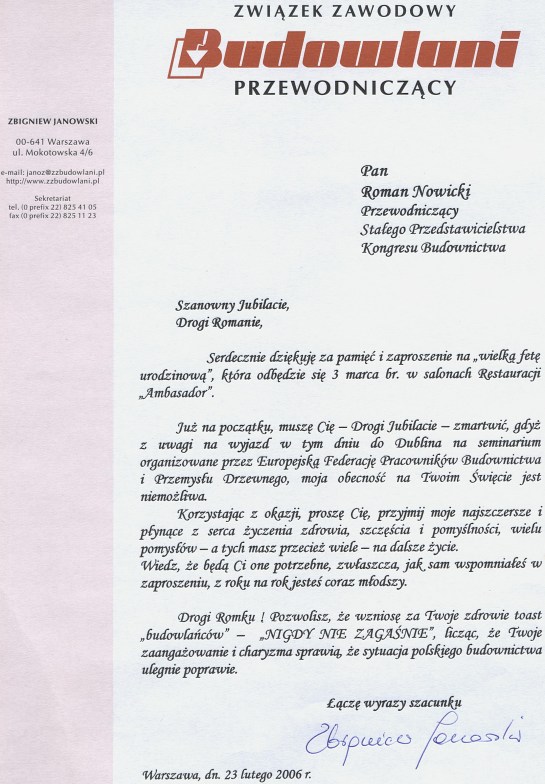 Życzenia do Związku BUDOWLANI Życzenia do Związku BUDOWLANI