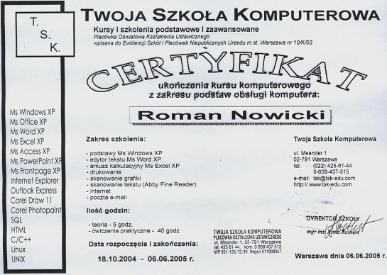 Certyfikat ukończenia kursu komputerowego Certyfikat ukończenia kursu komputerowego