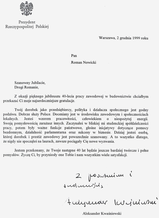 Pismo od Prezydenta Kwaśniewskiego Pismo od Prezydenta Kwaśniewskiego