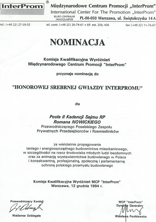 Dyplom Honorowa Srebrna Gwiazda Dyplom Honorowa Srebrna Gwiazda