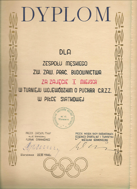 Dyplom Siatkówka 1968 Dyplom Siatkówka 1968