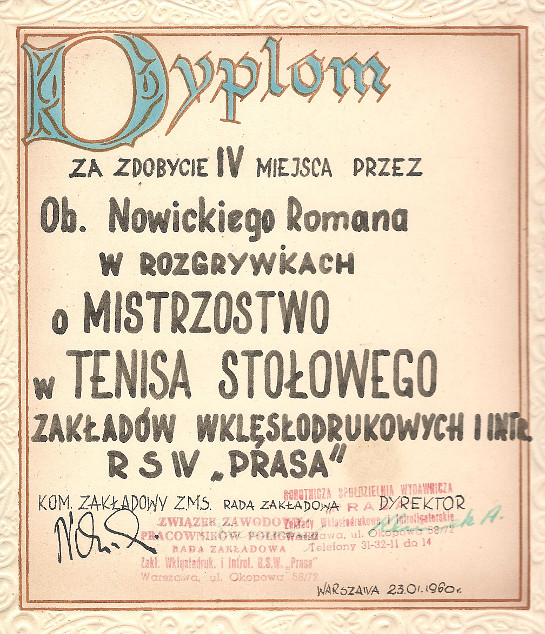 Dyplom Tenis stołowy 1960 Dyplom Tenis stołowy 1960