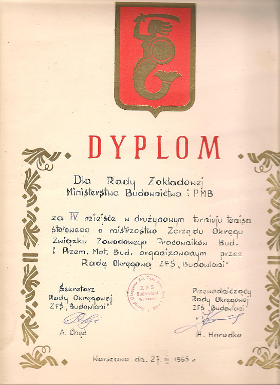 Dyplom Tenis stołowy 1965 Dyplom Tenis stołowy 1965