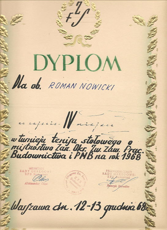 Dyplom Tenis stołowy 1968 Dyplom Tenis stołowy 1968