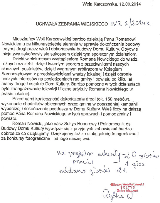 Podziękowanie Woli Karczewskiej Podziękowanie Woli Karczewskiej