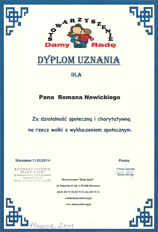 Dyplom stowarzyszenia Damy Radę Dyplom stowarzyszenia Damy Radę