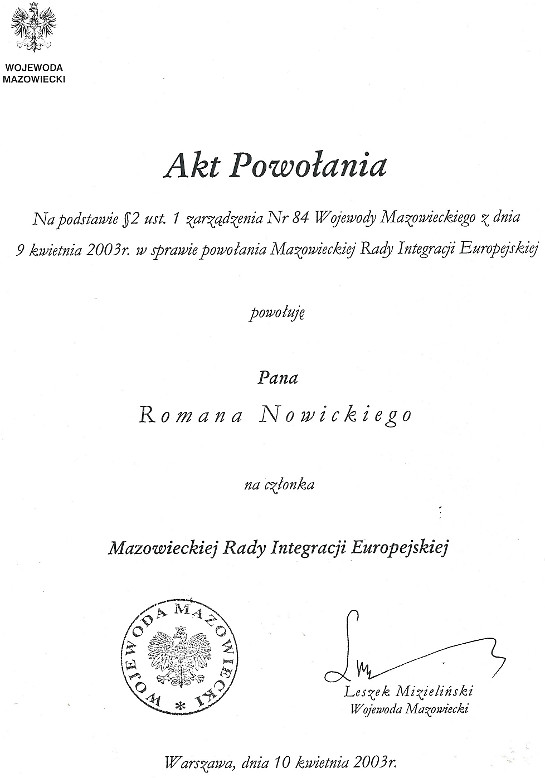 Powołanie do Rady Integracji Europejskiej Powołanie do Rady Integracji Europejskiej