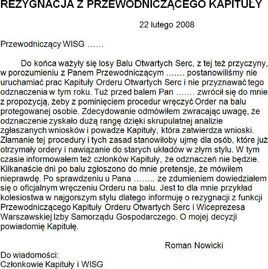 Rezygnacja z przewodniczącego Kapituły Rezygnacja z przewodniczącego Kapituły