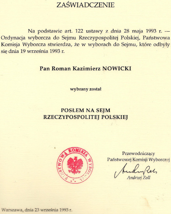 Świadectwo powołania na posła Świadectwo powołania na posła